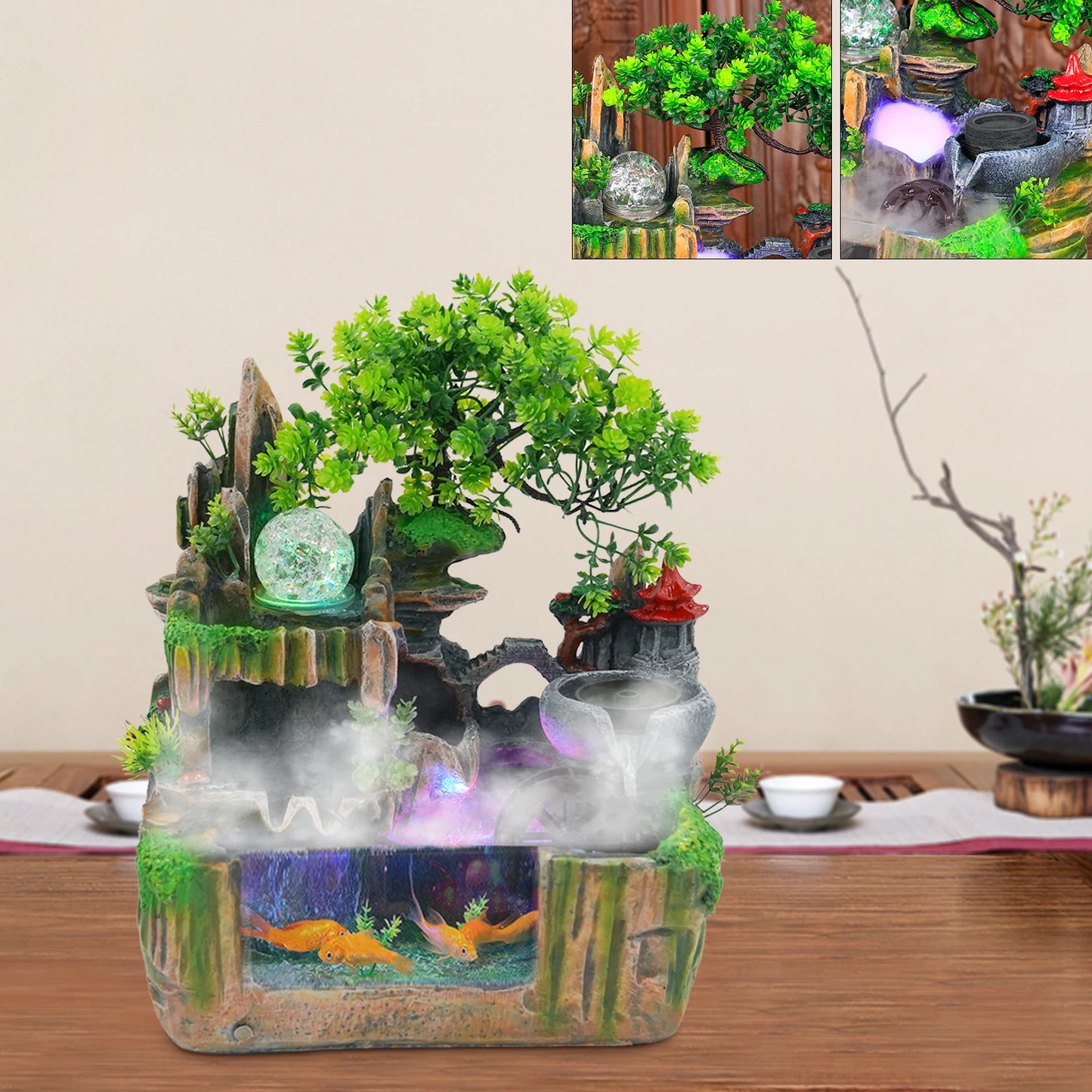 Tabletop Fountain, Rockery Ornament with Mist Maker 110V, Water Fountain for Home Desk Decor, Resin Landscape Decoration