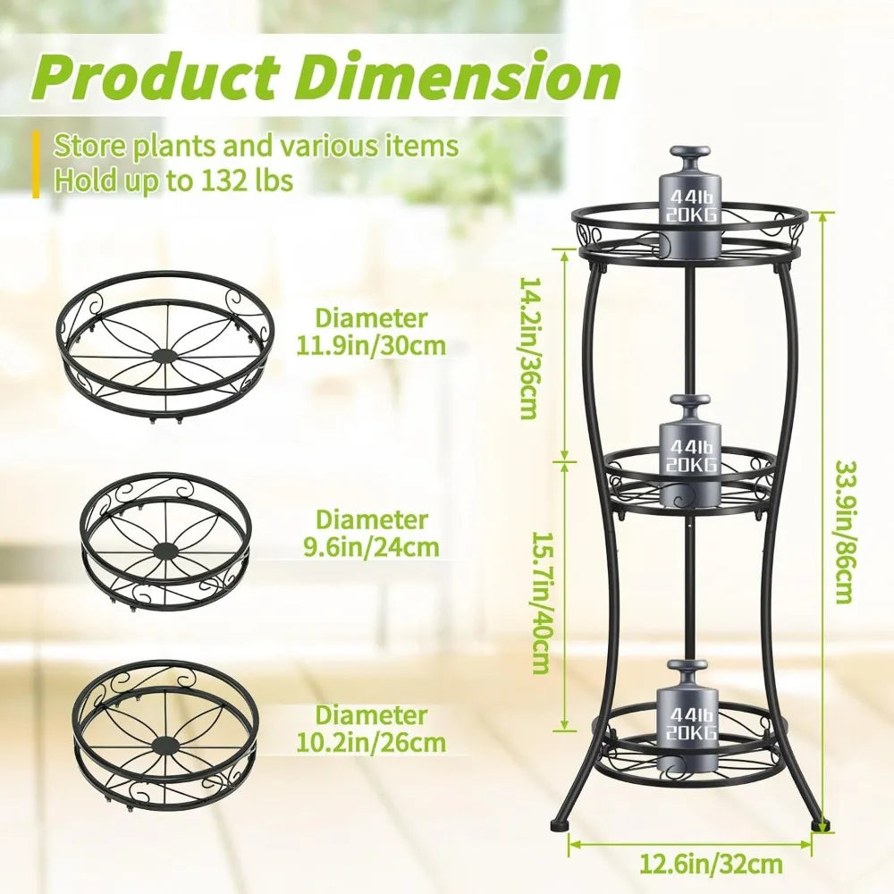 Three Tier Tall Metal Plant Stand 33 Inch Indoor Outdoor Rustproof Flower Pot Holder Display Rack Corner Garden Balcony
