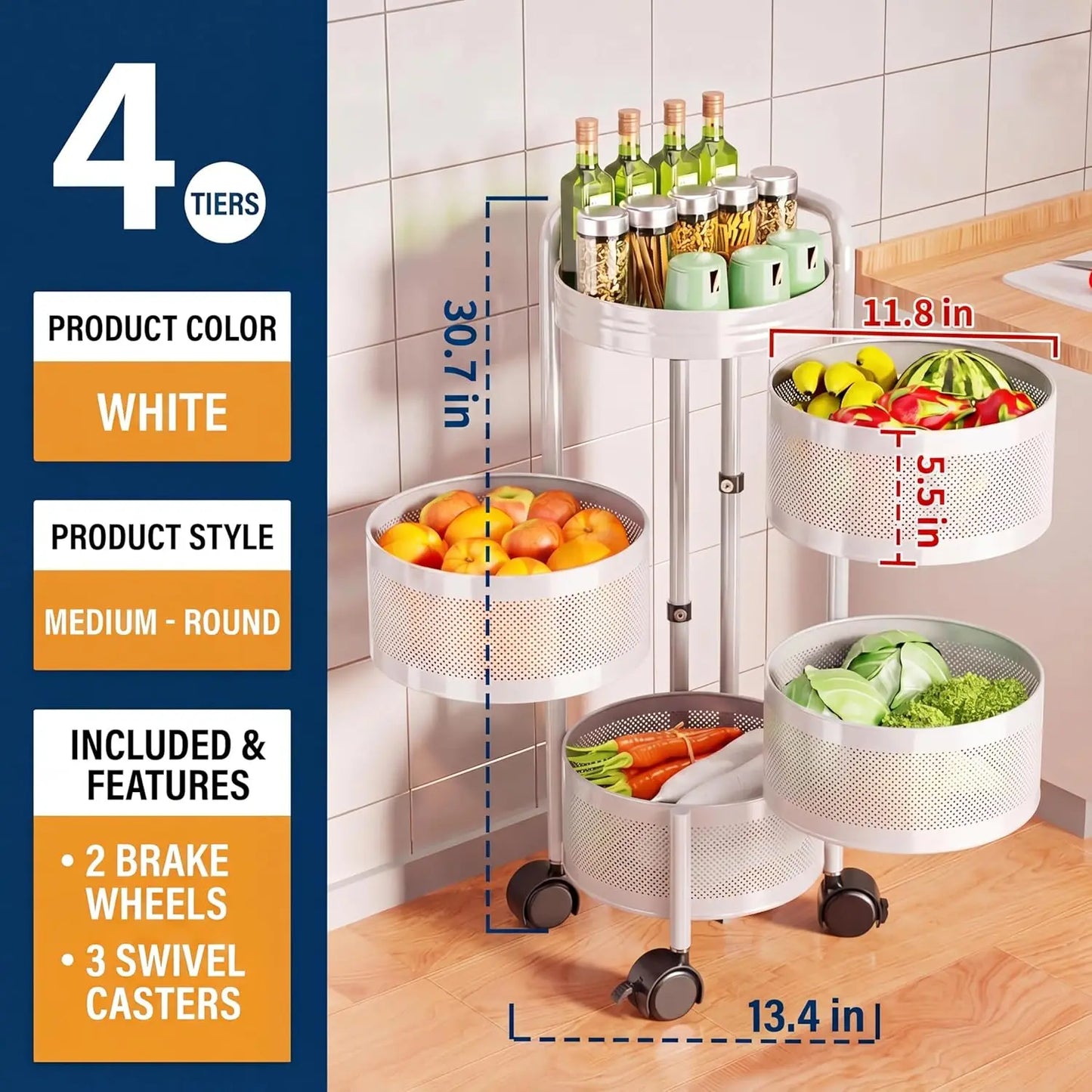 4-Tier /5-Tier Thickened Carbon Steel Rotating Kitchen Storage Cart with Wheels, Mobile Utility Rack with Top Lid, Fruit Vegetable Basket, Rotating Produce Organizer for Bathroom Living Room, No Assembly
