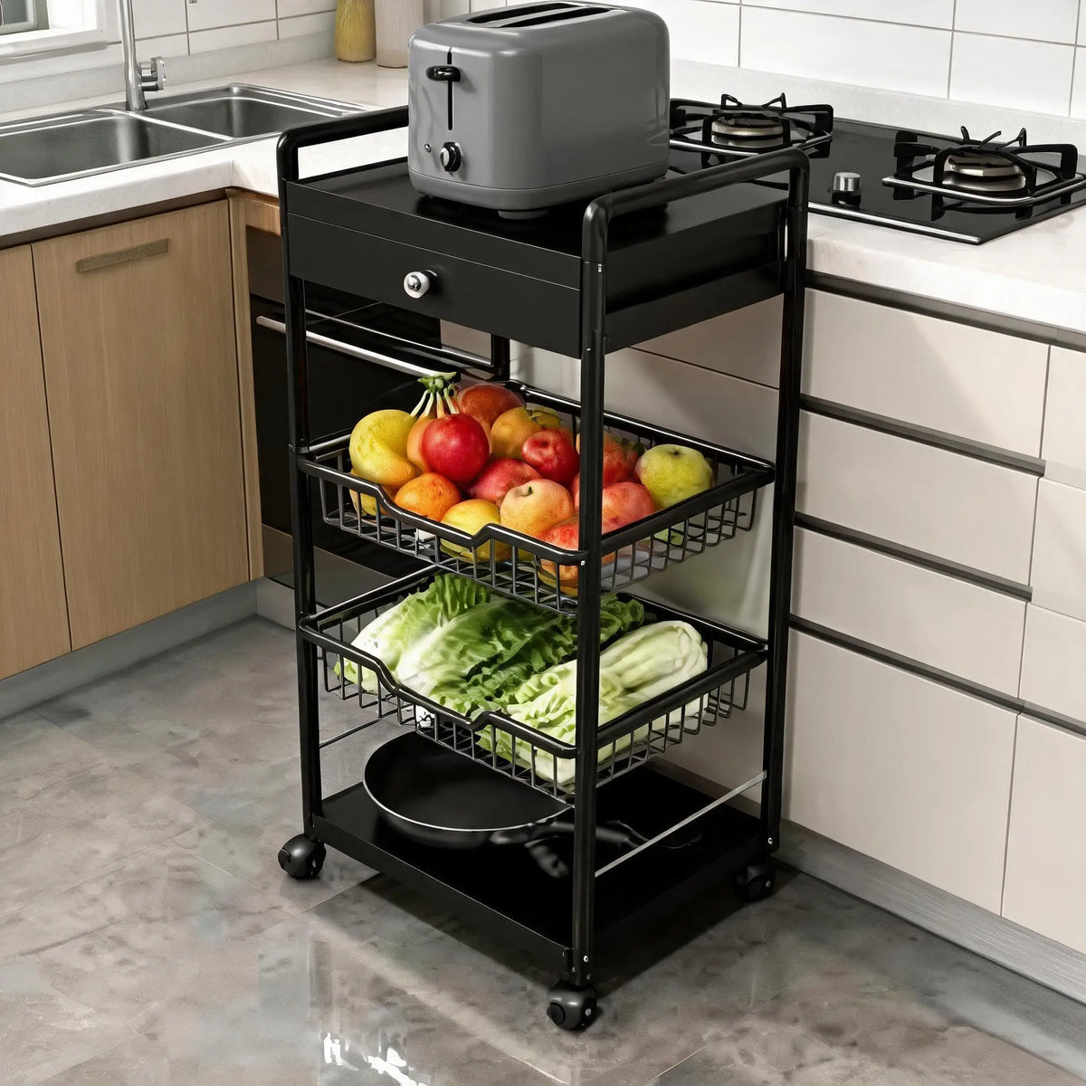 3 Tier Rolling Storage Cart With Lockable Wheels