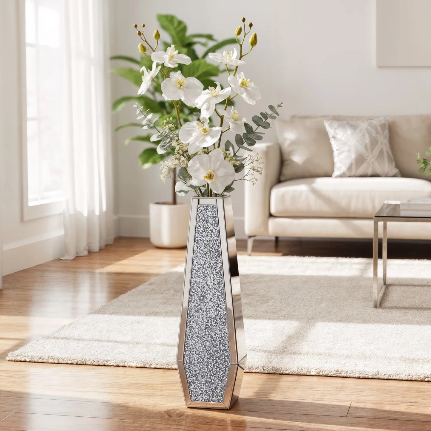 Various Styles,  Crushed Diamond Mirrored tall Vase.  Home Decor for Living Room Bedroom