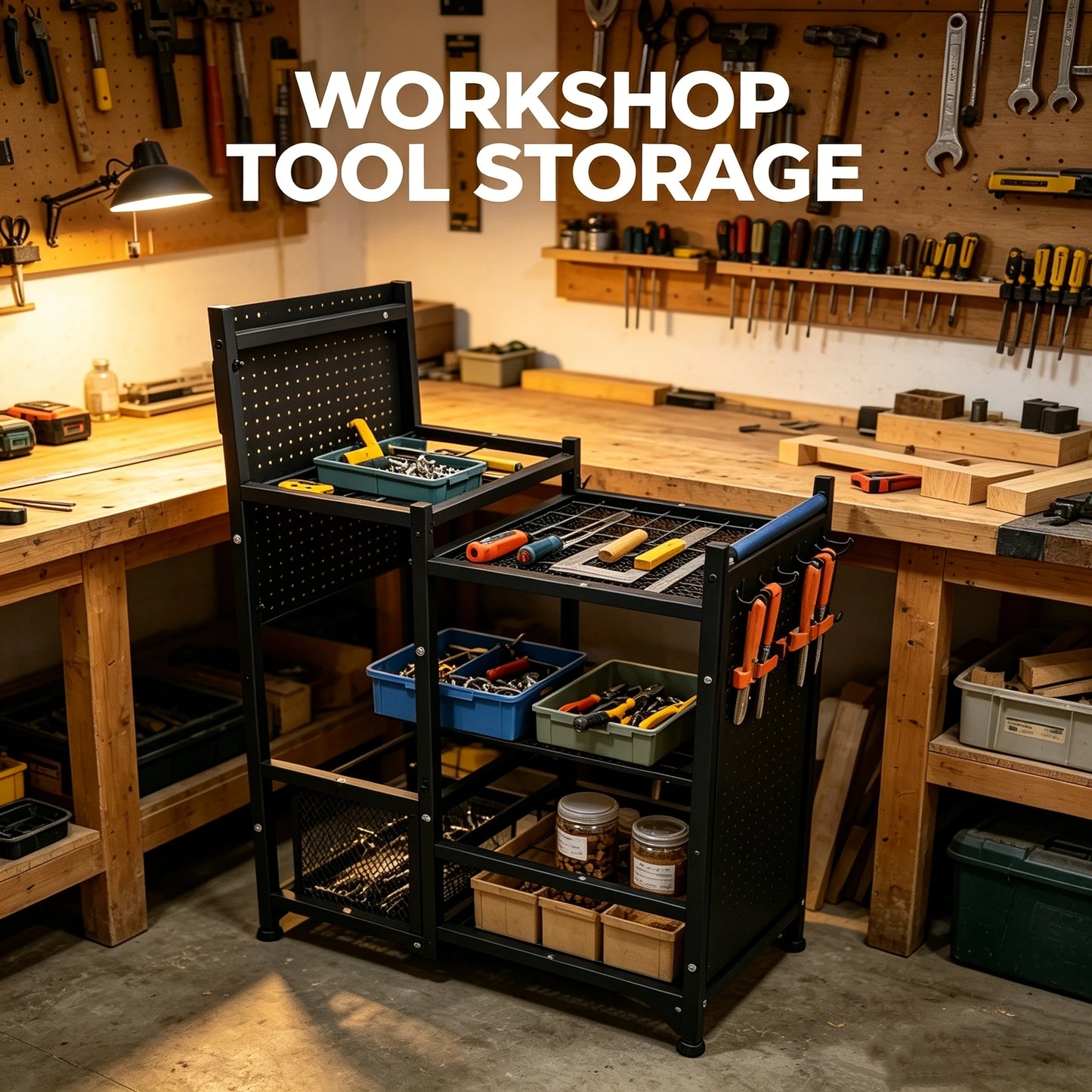 2 Pack Garden Tool Storage Organizer, Heavy Duty Black Metal Garage Tool Rack Set, Freestanding Yard Long Handle Tool Holder with Side Blue Storage Bags & Perforated Pegboard Utility Organizer for Lawn Shovel Rake Power Hand