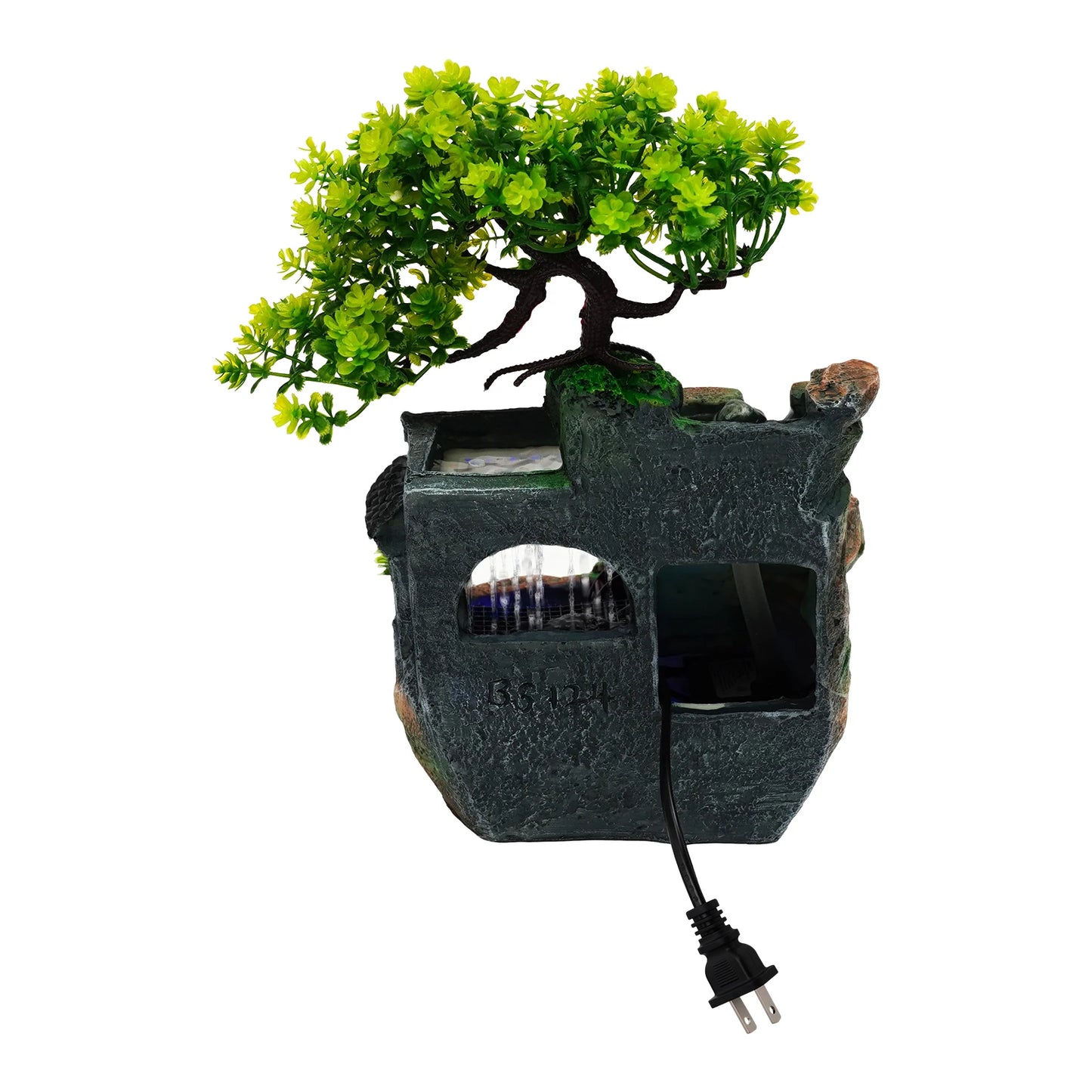 Tabletop Fountain Ornament, Tabletop Fountain, Flowing Water Resin Decor, Imitation Rock Bonsai, Durable Desktop Water Feature, Nature Style, 110V US Plug, Indoor Office Living Room Decoration, Hand-Carved Simulation Plant Wh