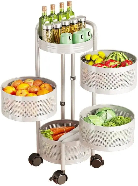 4-Tier /5-Tier Thickened Carbon Steel Rotating Kitchen Storage Cart with Wheels, Mobile Utility Rack with Top Lid, Fruit Vegetable Basket, Rotating Produce Organizer for Bathroom Living Room, No Assembly