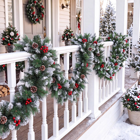 Snow Flocked Christmas Garland With Pine Cones And Berries