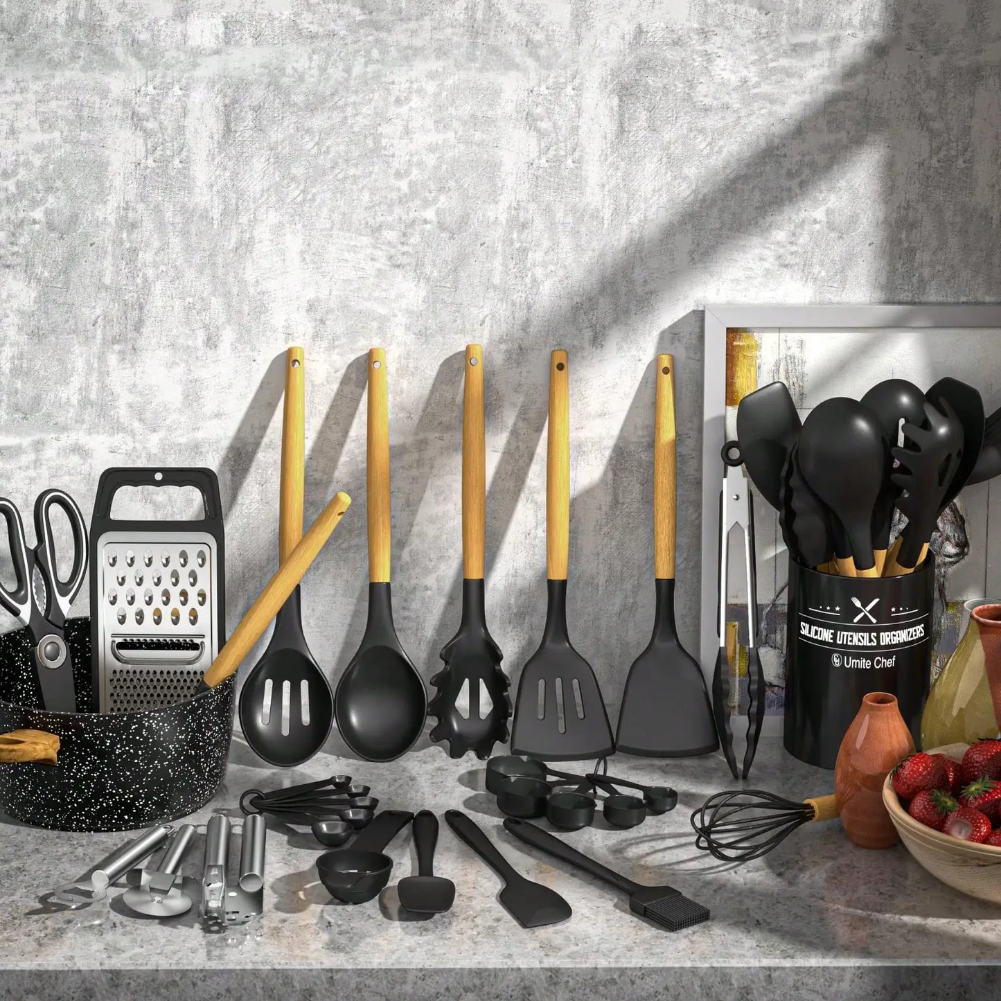 Silicone Kitchen Utensils Set With Holder Wooden Handles