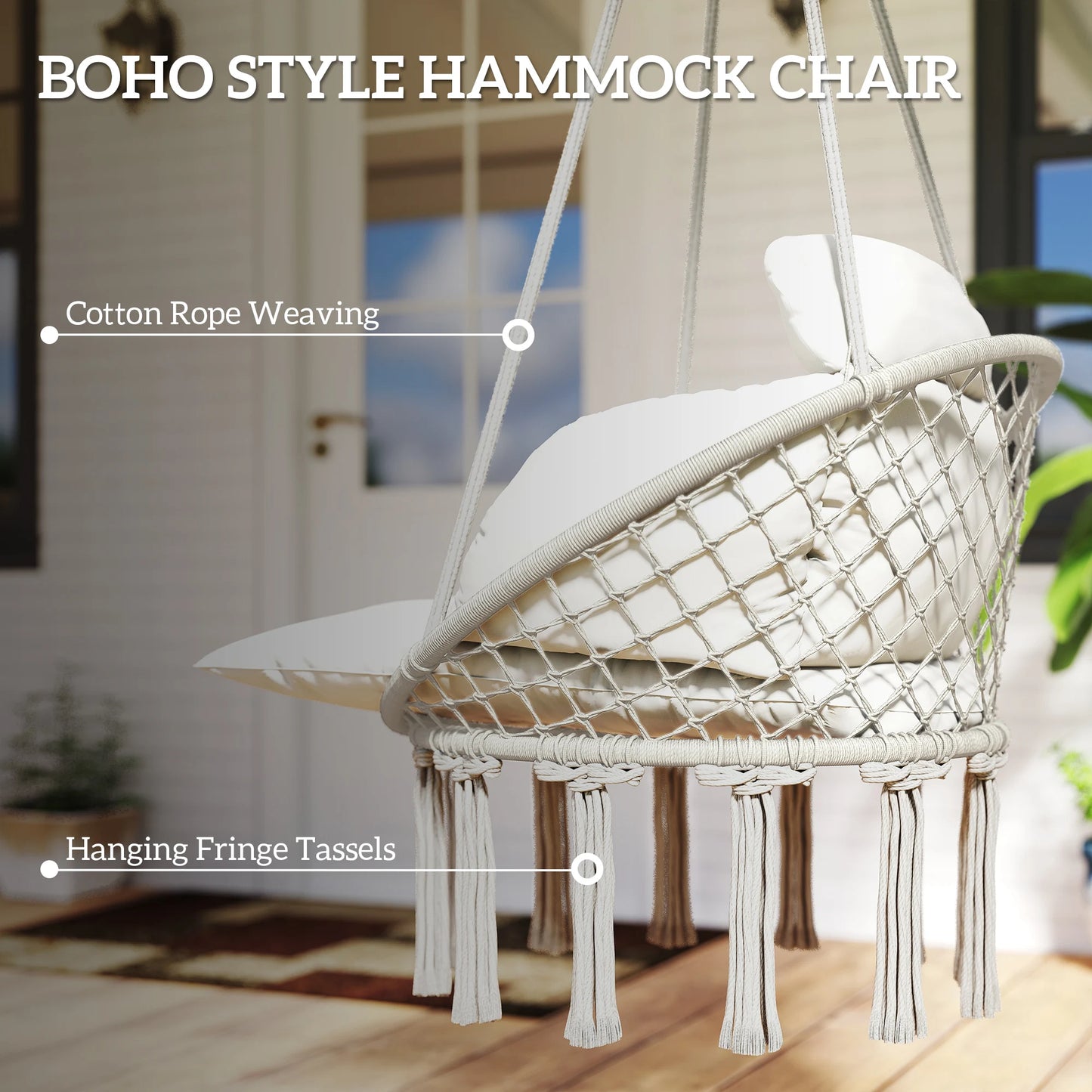 Hanging Hammock Chair with Cushion, Macrame Swing Chair, Cream