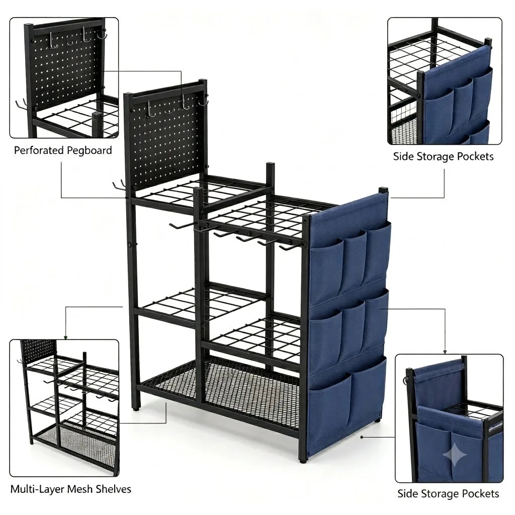 2 Pack Garden Tool Storage Organizer, Heavy Duty Black Metal Garage Tool Rack Set, Freestanding Yard Long Handle Tool Holder with Side Blue Storage Bags & Perforated Pegboard Utility Organizer for Lawn Shovel Rake Power Hand
