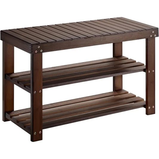 Three Tier Bamboo Shoe Bench Sturdy Organizer Holds 300lbs Entryway Bedroom Living Room Balcony