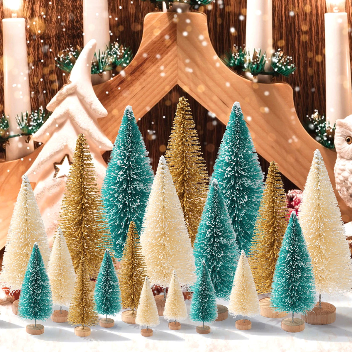 Artificial Christmas Bottle Brush Trees With Wooden Base