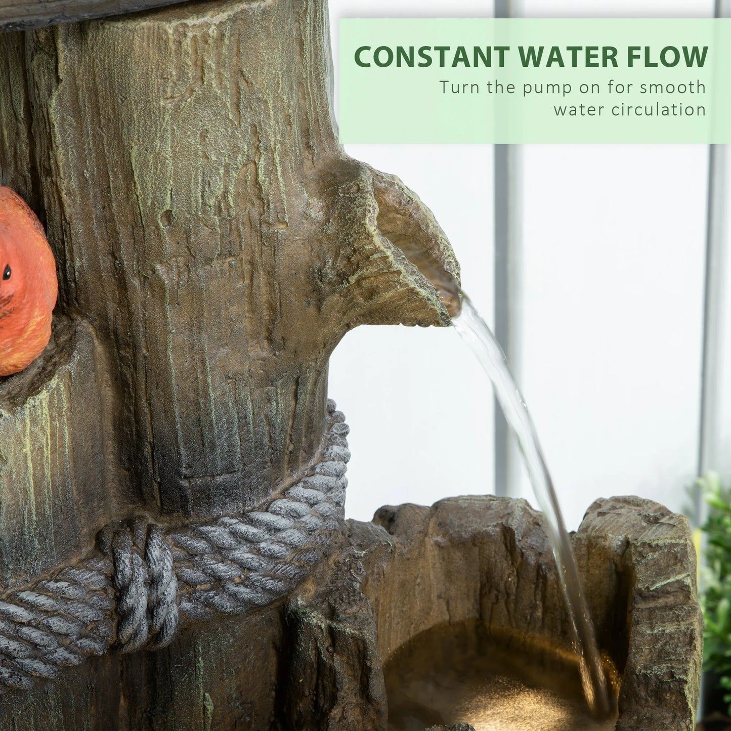Tree Trunk Outdoor Fountain With Birdhouse