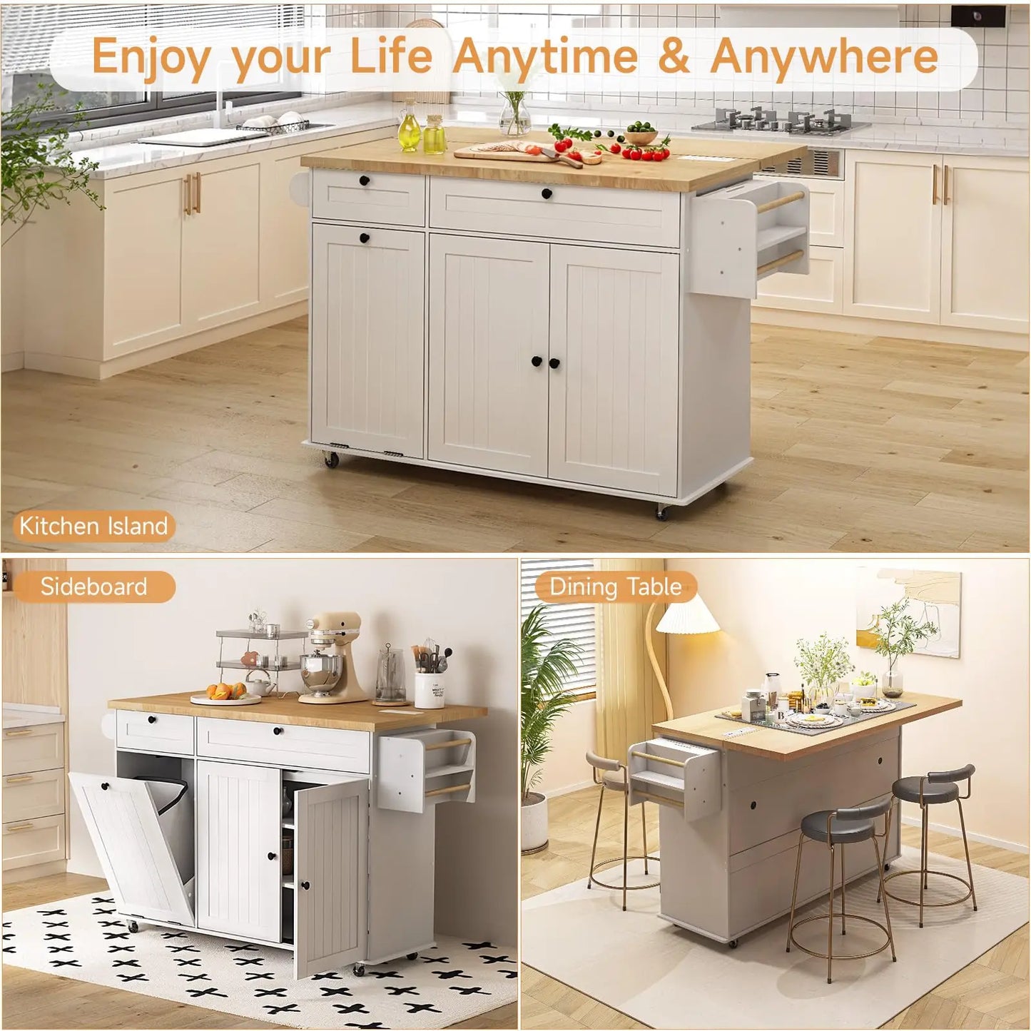 60" Mobile Kitchen rolling Island. Table Drop Leaf Cart with Power Outlet, Spice & Towel Rack.  Plus trash bin.