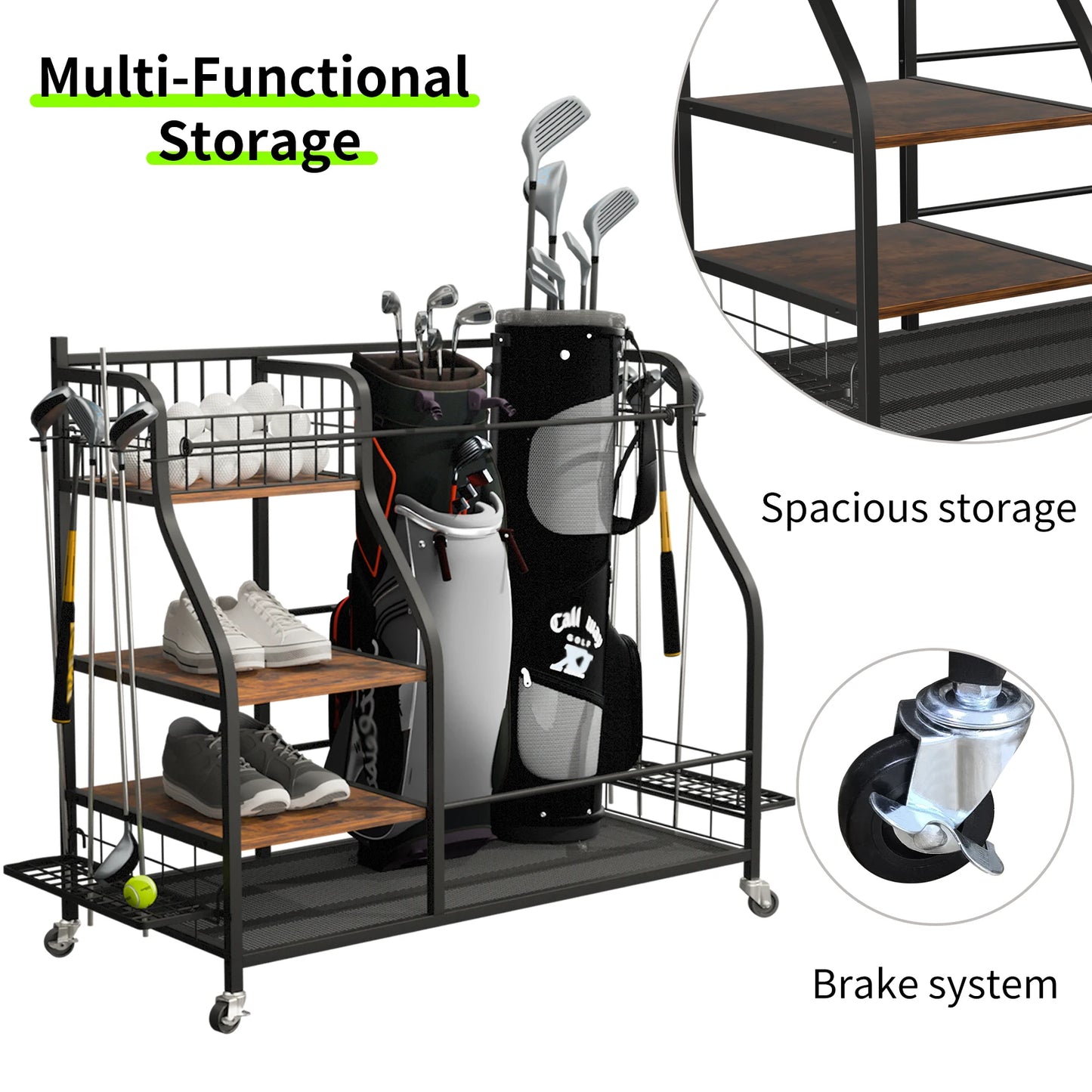Multifunctional Rolling Golf Bags Storage Shelf Metal Sports Equipment Organizer Rack with Wheels