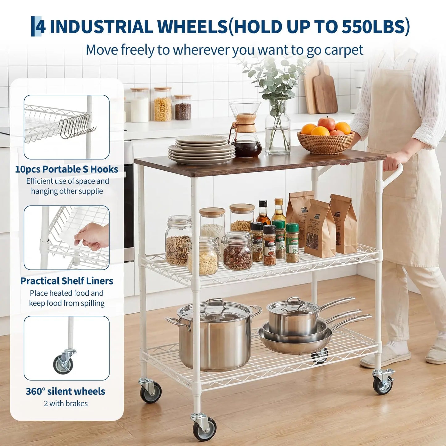 Kitchen Trolley on Wheels, 250KG Capacity Rolling Kitchen Island with Wood Top & Height Adjustable Basket Storage Shelves, 3-Tier Microwave Cart with Lockable Wheels, 2 Shelf Liners & 10 Hooks