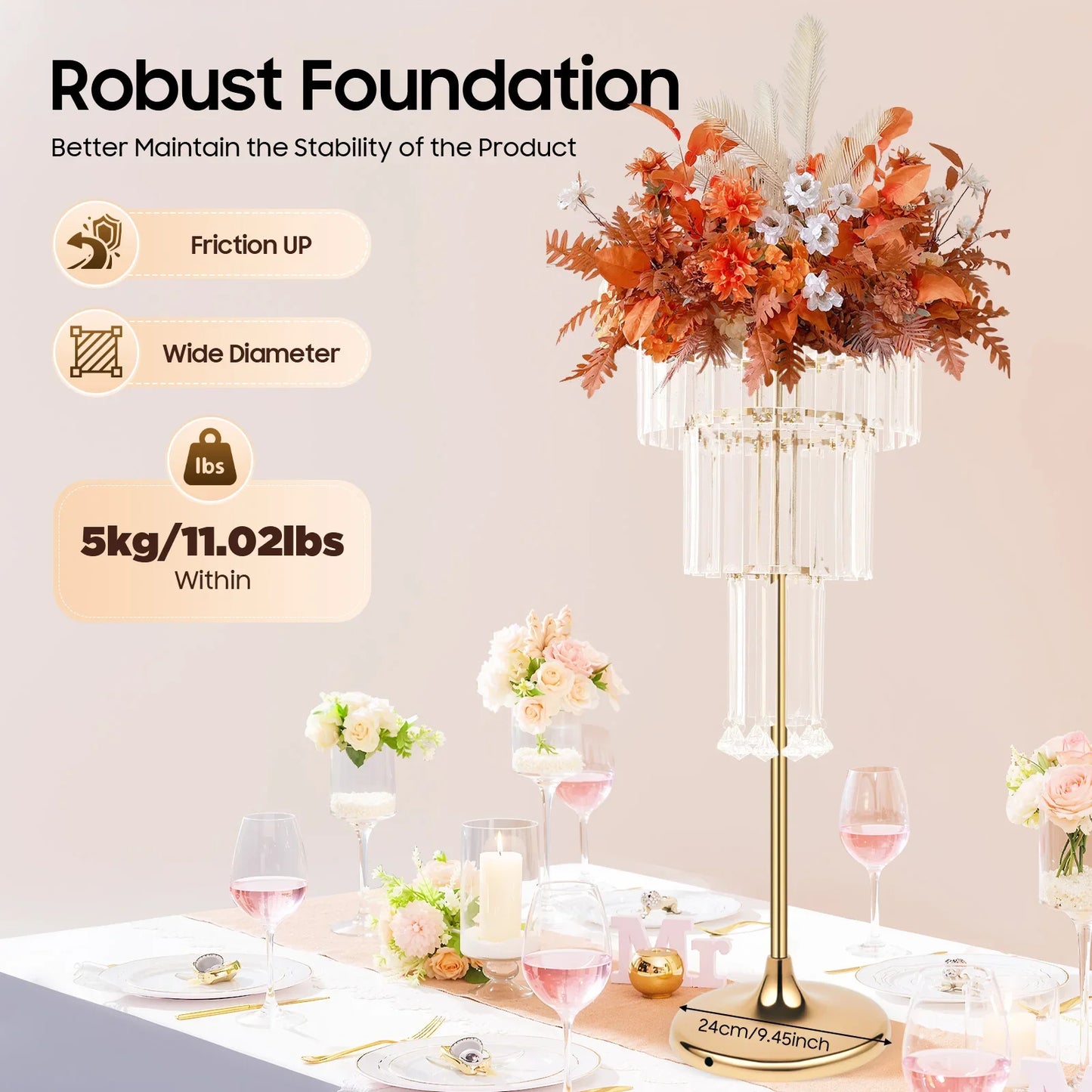 32-inch Tall Crystal Vase, 4-Tier Wedding Table,  Crystal Flower Pot, Free-Standing Flower Stand with Hanging Crystals and Base
