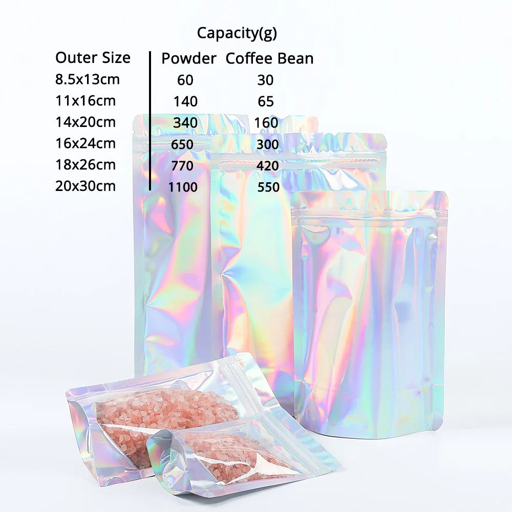 100PCS Smell Proof Plastic Package Ziplock Bags. Clear Front Holographic Silver . Pouches Recyclable. Metallic Mylar Storage Bags
