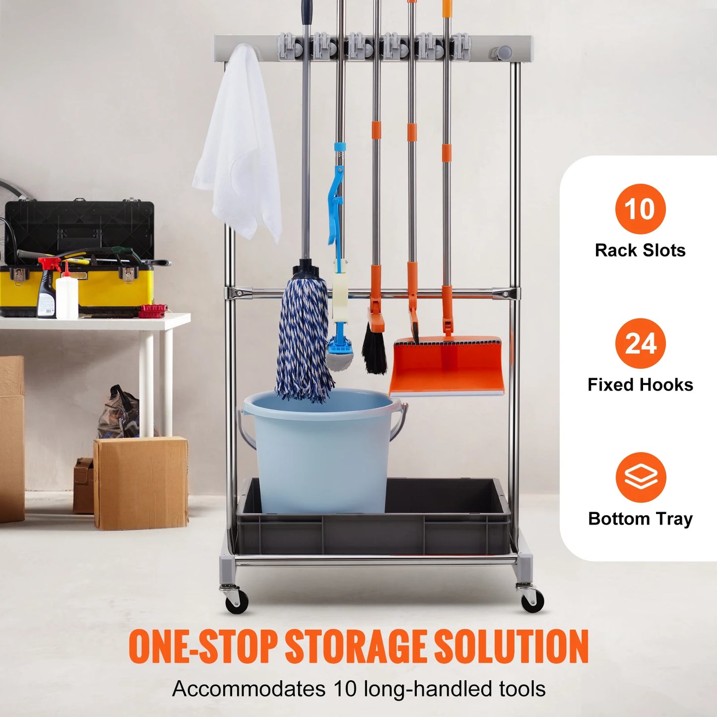 Garden Tool Organizer. Yard Tool Tower Rack 10 Slots with Hook & Wheels, Broom Storage for Garage Outdoor Organization