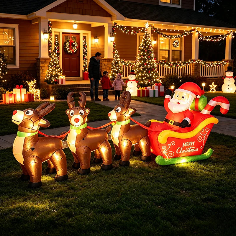 LED Inflatable Santa Sleigh With Reindeer Yard Decor