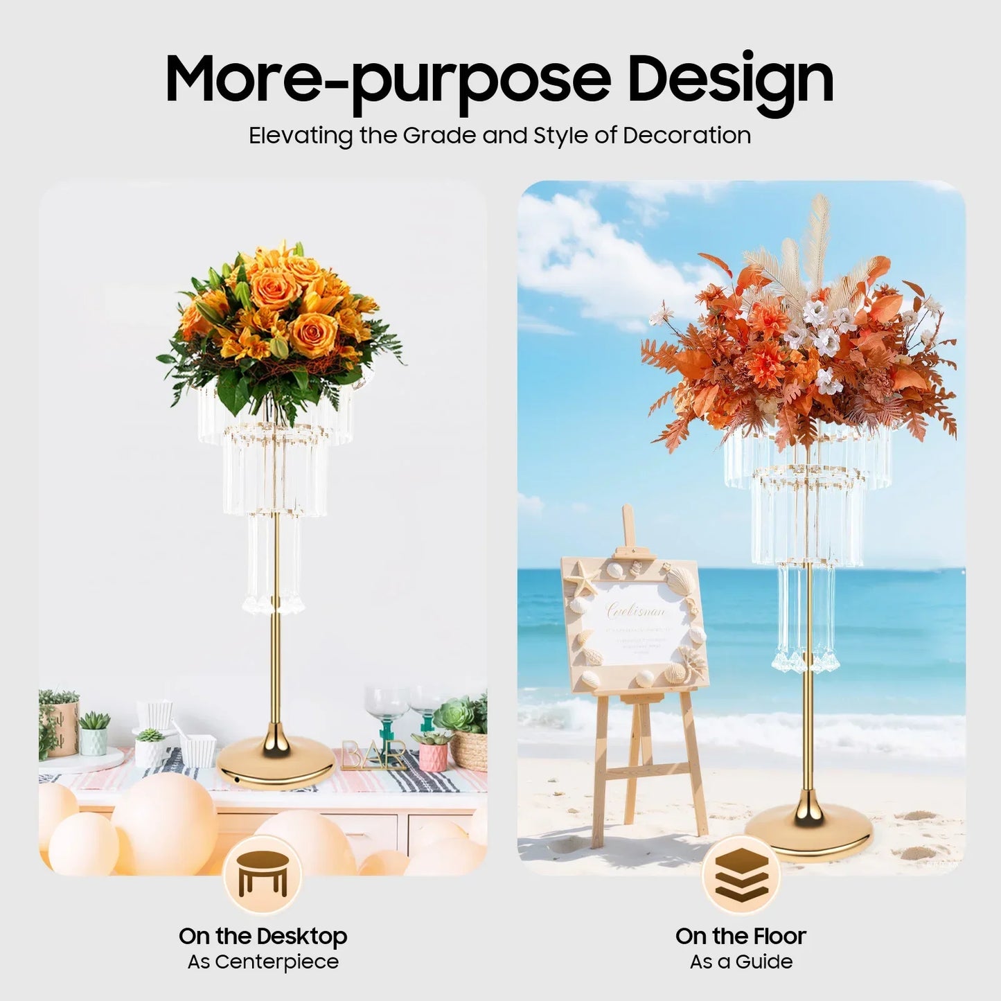 32-inch Tall Crystal Vase, 4-Tier Wedding Table,  Crystal Flower Pot, Free-Standing Flower Stand with Hanging Crystals and Base