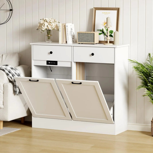 20 Gallon Double Tilt Out Trash Can Cabinet, Wooden Hidden Garbage Bin Cabinet with Deodorizer Function & Drawer, Pet-Proof Laundry Hamper Cabinet, White, No Pattern