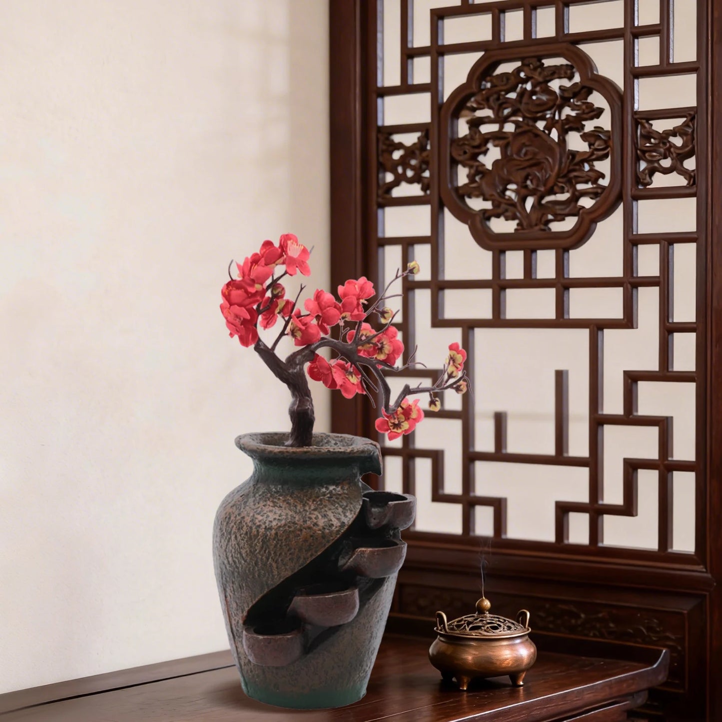 Desk Water Fountain, Tabletop Fountain Vase with Simulated Flowers, 110V 2.5W Resin Decorative Ornament for Office Home