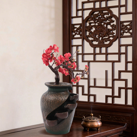 Desk Water Fountain, Tabletop Fountain Vase with Simulated Flowers, 110V 2.5W Resin Decorative Ornament for Office Home