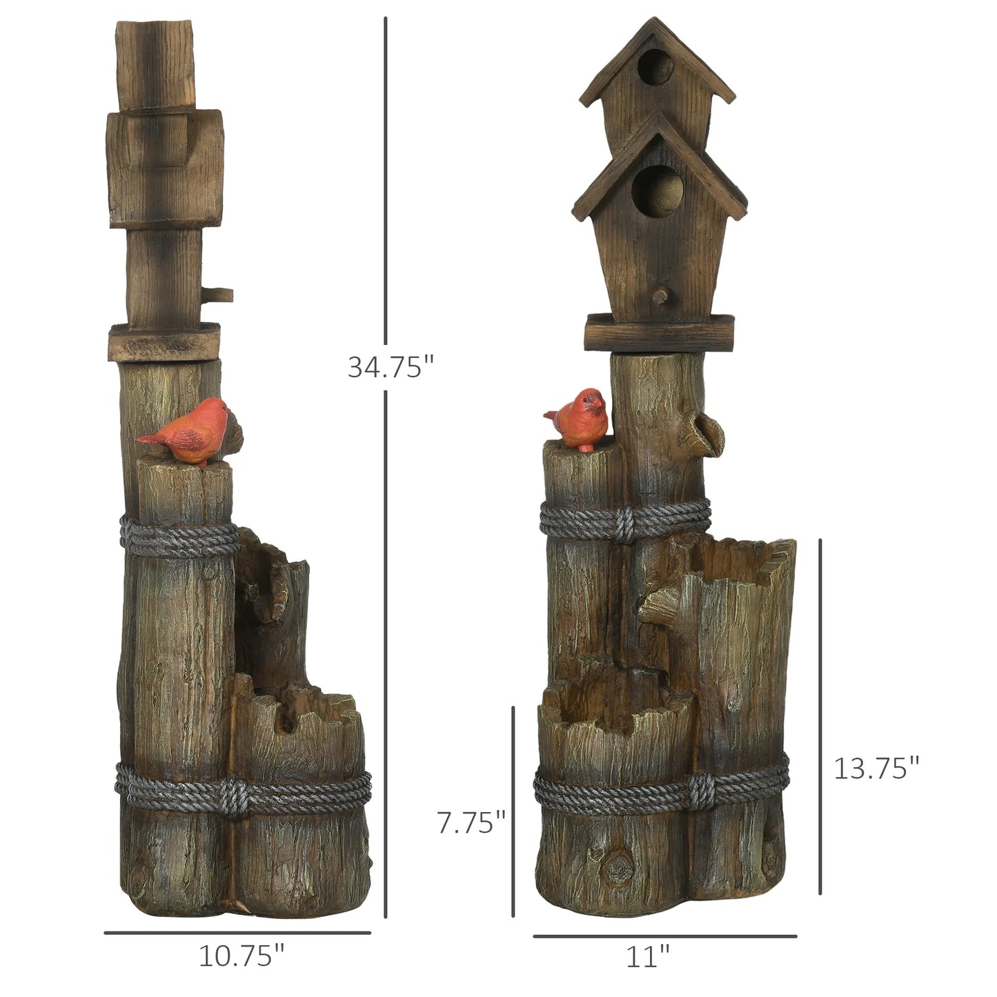 Tree Trunk Outdoor Fountain With Birdhouse