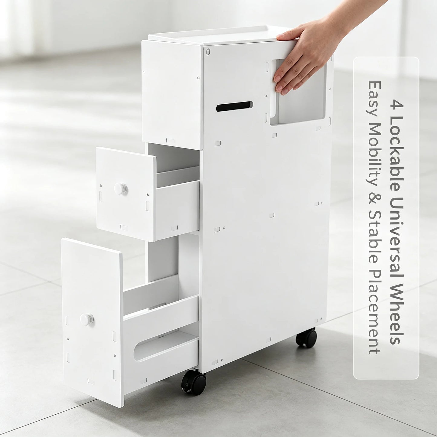 Narrow PVC Bathroom Storage Cabinet With Drawers And Wheels