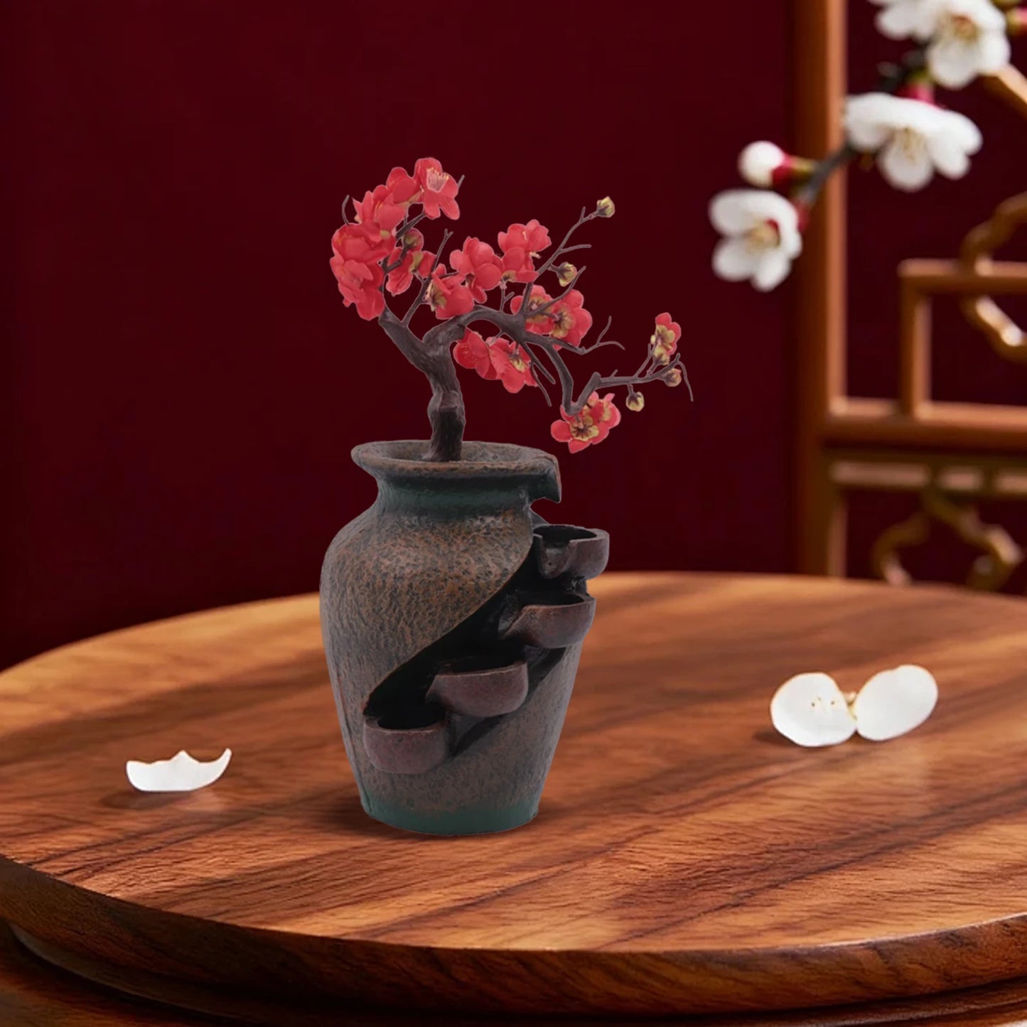 Desk Water Fountain, Tabletop Fountain Vase with Simulated Flowers, 110V 2.5W Resin Decorative Ornament for Office Home