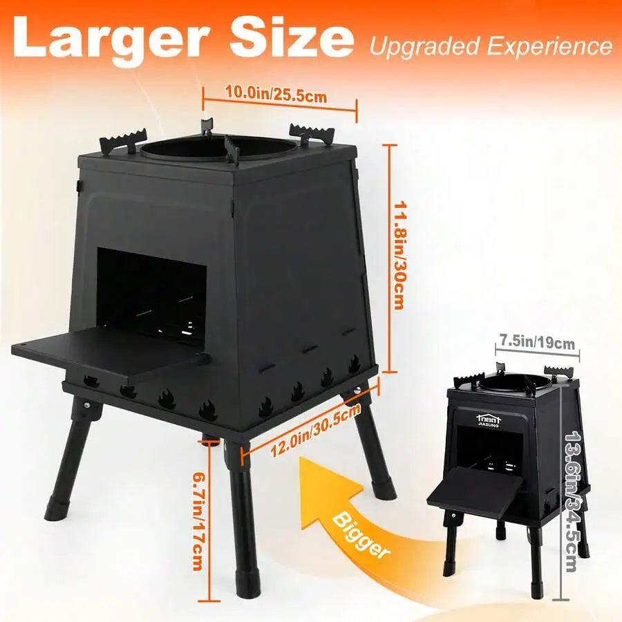 Wood Burning Camp Stove, Portable Cast Iron Camping Wood Stove, Black Woodstove With Carrying Case For Backpacking Outdoor Cooki