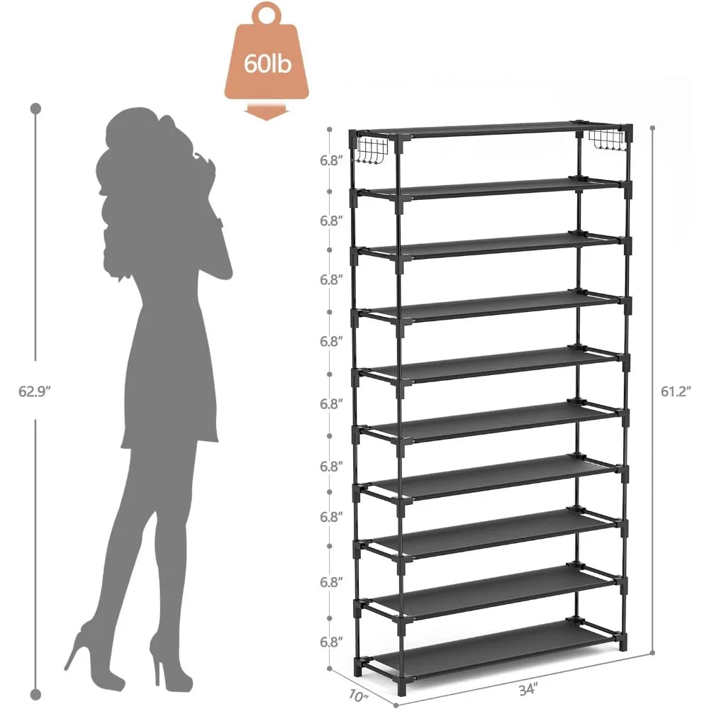 10 Tier Shoe Rack Holds 50 Pairs Tall Organizer with Hooks Metal Frame Space Saving Storage for Closet Entryway