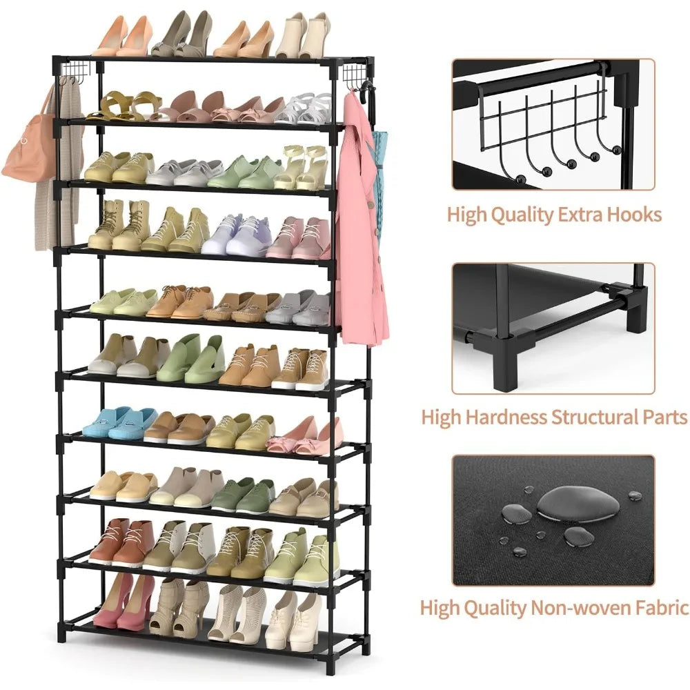 10 Tier Shoe Rack Holds 50 Pairs Tall Organizer with Hooks Metal Frame Space Saving Storage for Closet Entryway