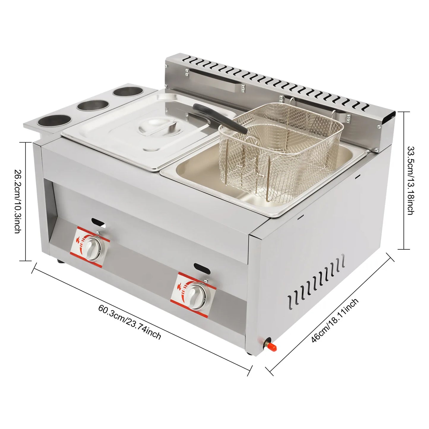 Gas Deep Fryer with Basket and Lid, Silver Commercial Deep Fryer, Stainless Steel Dual Tank Kitchen Deep Fryer 6L/6.34Qt