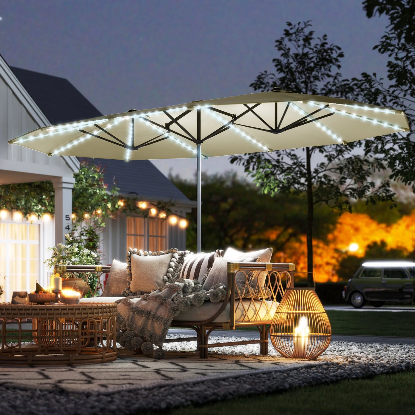 15ft Patio Umbrella Solar Lights UPF50+ Outdoor Umbrella Cream