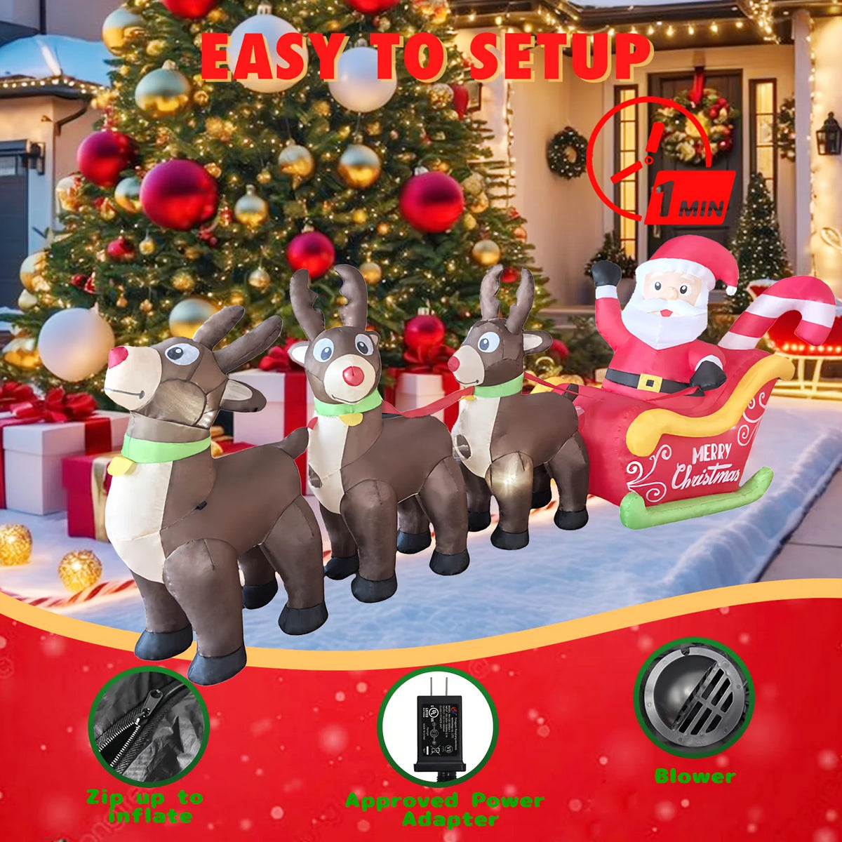 LED Inflatable Santa Sleigh With Reindeer Yard Decor