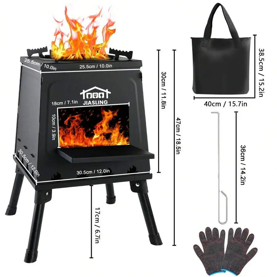 Wood Burning Camp Stove, Portable Cast Iron Camping Wood Stove, Black Woodstove With Carrying Case For Backpacking Outdoor Cooki