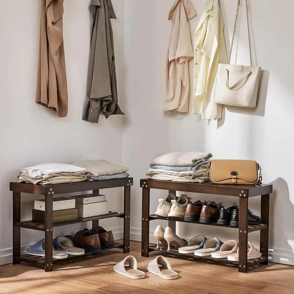 Three Tier Bamboo Shoe Bench Sturdy Organizer Holds 300lbs Entryway Bedroom Living Room Balcony