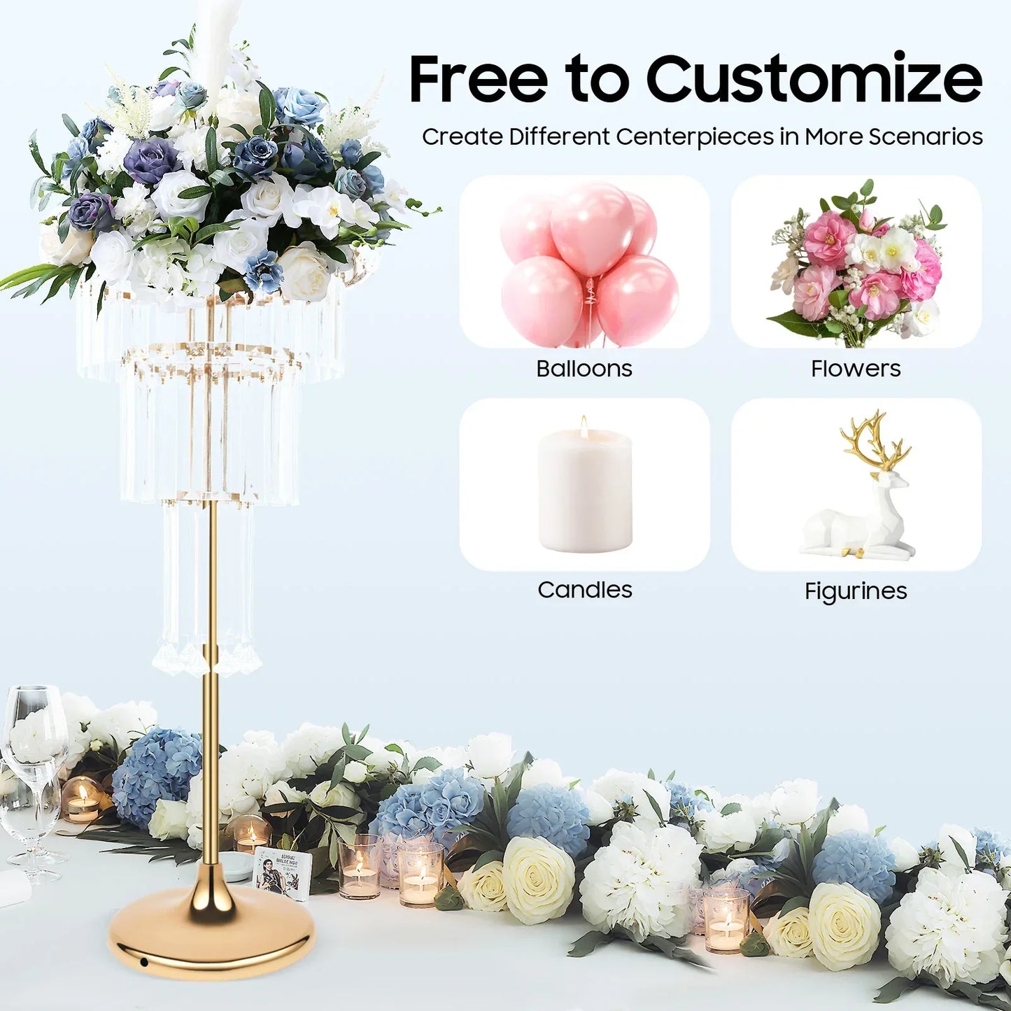 32-inch Tall Crystal Vase, 4-Tier Wedding Table,  Crystal Flower Pot, Free-Standing Flower Stand with Hanging Crystals and Base