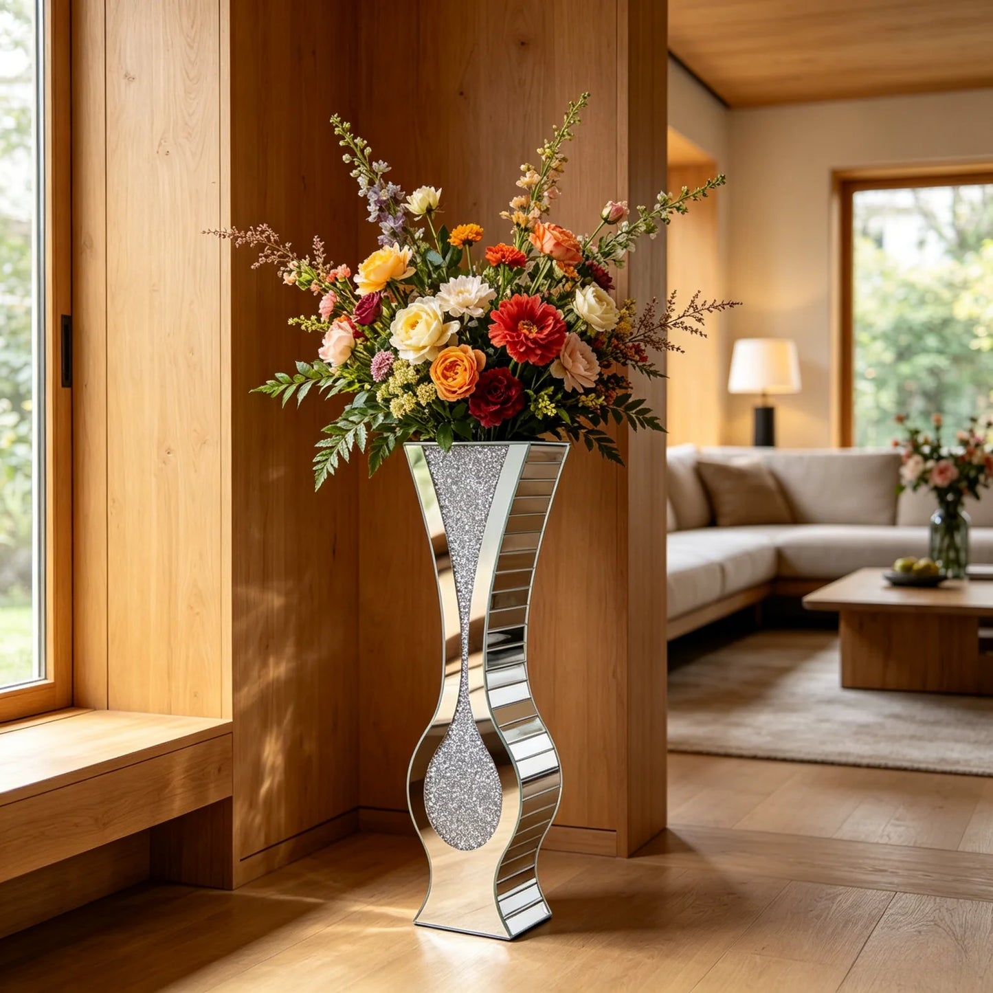 Various Styles,  Crushed Diamond Mirrored tall Vase.  Home Decor for Living Room Bedroom