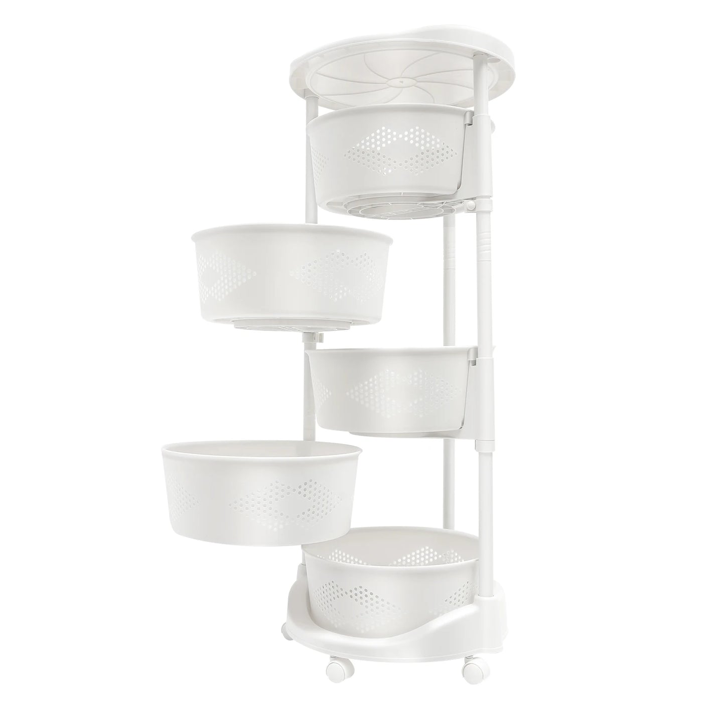 5 Layer Kitchen Rotating Storage Tower Organizer Rack Rolling Fruit Vegetable Storage Cart Basket White With Wheels