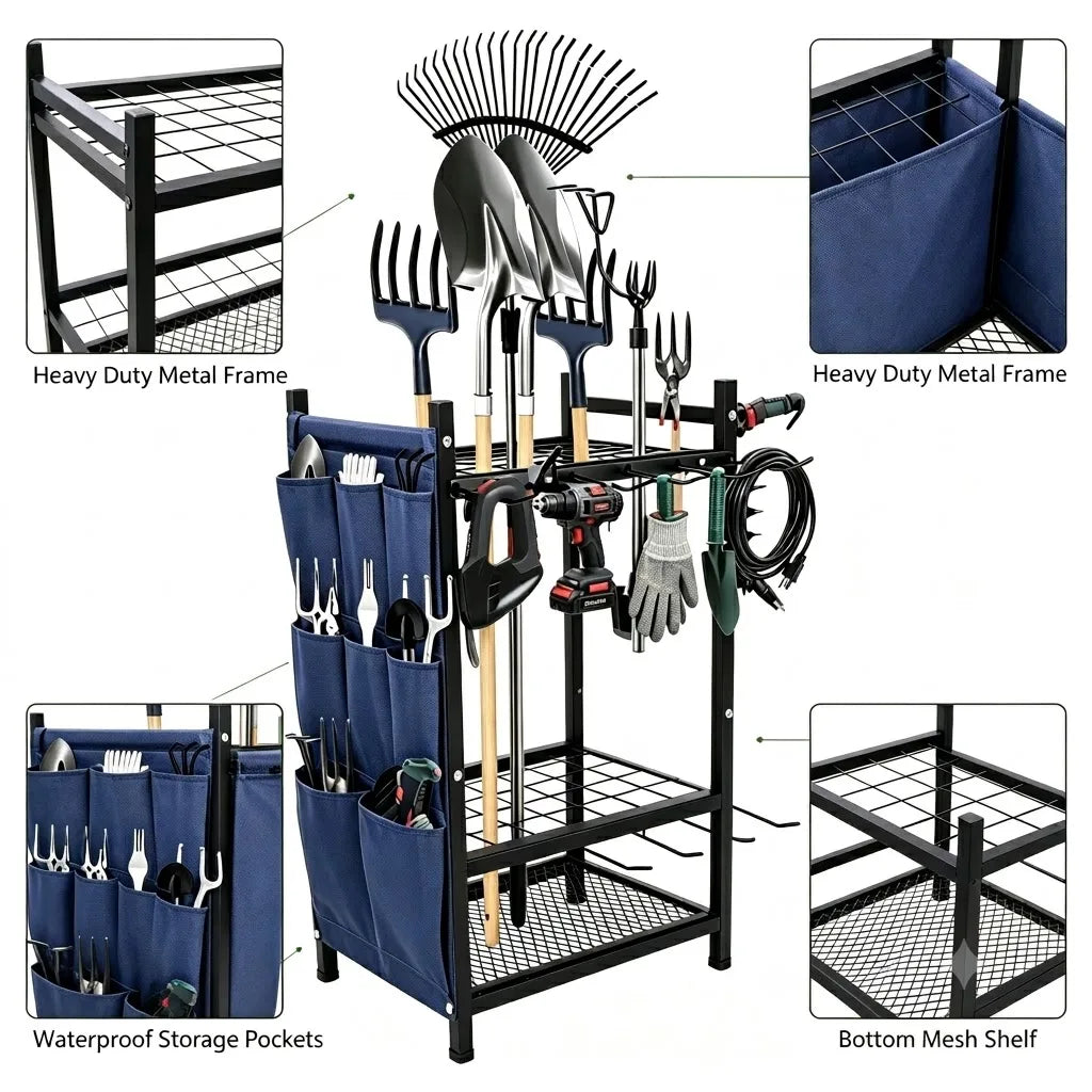 2 Pack Garden Tool Storage Organizer, Heavy Duty Black Metal Garage Tool Rack Set, Freestanding Yard Long Handle Tool Holder with Side Blue Storage Bags & Perforated Pegboard Utility Organizer for Lawn Shovel Rake Power Hand